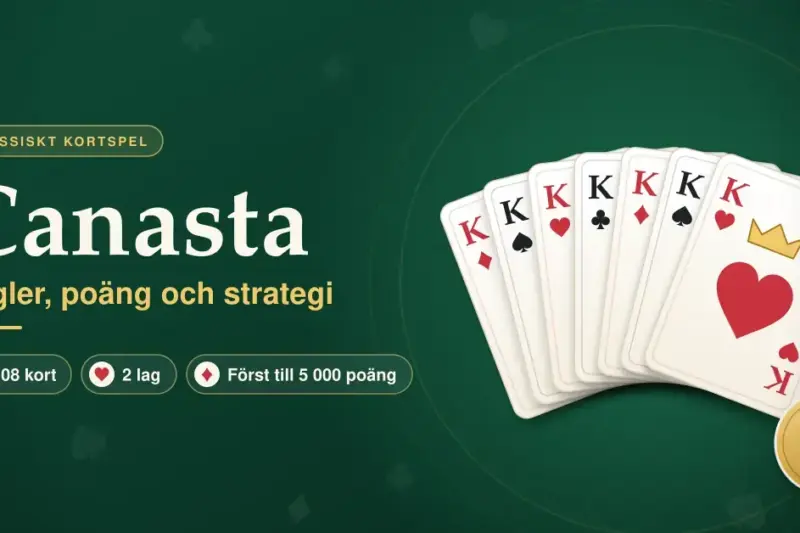 Illustration av sju kungar i en solfjäder på grön filtbakgrund bredvid texten ”Canasta – regler, poäng och strategi” och fakta om 108 kort, två lag och spel till 5 000 poäng.