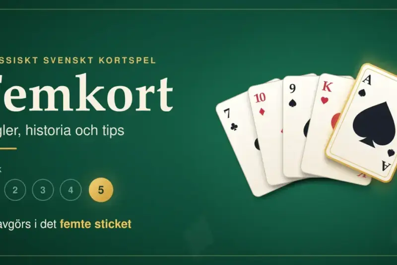 Illustration av fem spelkort i en solfjäder på ett grönt spelbord, där det femte kortet, ett spaderess, lyser i guld bredvid texten "Femkort – Regler, historia och tips" och "Allt avgörs i det femte sticket".