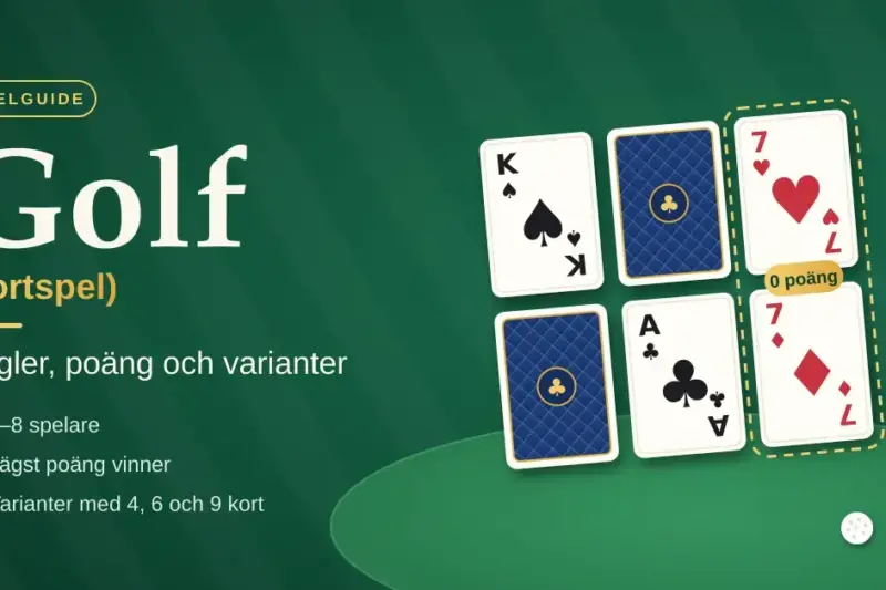 Illustration för kortspelet Golf med sex spelkort i två rader på en grön golfgreen, där två sjuor i samma kolumn ger 0 poäng, bredvid en flaggstång, en golfboll och texten ”Golf (kortspel) – Regler, poäng och varianter”.