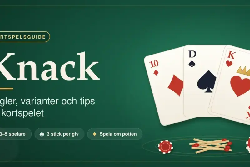Grafik med rubriken "Knack – regler, varianter och tips för kortspelet" på ett grönt spelbord med tre spelkort i solfjäderform samt tändstickor och spelmarker som pott.