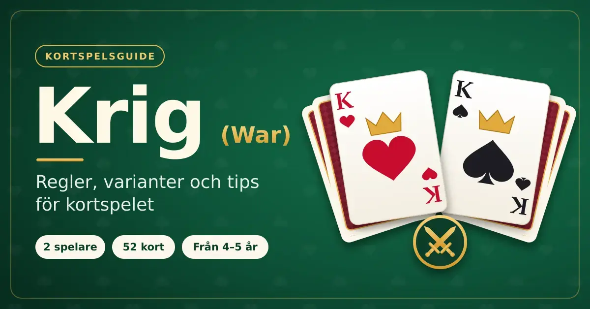 Grafik på ett grönt spelbord med rubriken ”Krig (War)” och texten ”Regler, varianter och tips för kortspelet”, där en hjärterkung och en spaderkung möts ovanpå varsin hög med nedvända kort intill ett märke med korsade svärd.