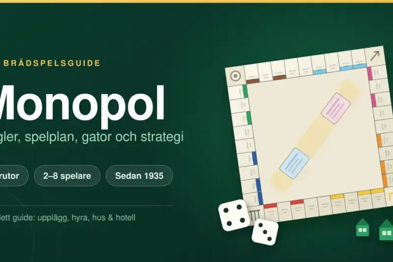 Illustration av en Monopol-spelplan med färgade gatufält, tärningar samt gröna hus och ett rött hotell, bredvid rubriken "Monopol – regler, spelplan, gator och strategi".