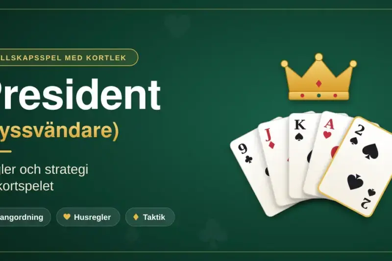 Grafik med rubriken "President (Ryssvändare)" och texten "Regler och strategi för kortspelet" bredvid en solfjäder av spelkort från klöver nio till spader två med en guldkrona ovanför, mot en grön filtbakgrund.