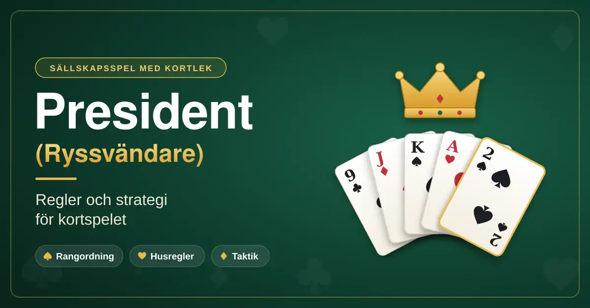 Grafik med rubriken "President (Ryssvändare)" och texten "Regler och strategi för kortspelet" bredvid en solfjäder av spelkort från klöver nio till spader två med en guldkrona ovanför, mot en grön filtbakgrund.