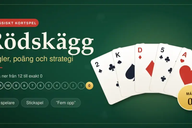 Grafik med rubriken ”Rödskägg – regler, poäng och strategi” mot grön spelbordsfilt, med en solfjäder av spelkort och en nedräkning från 12 till exakt 0.
