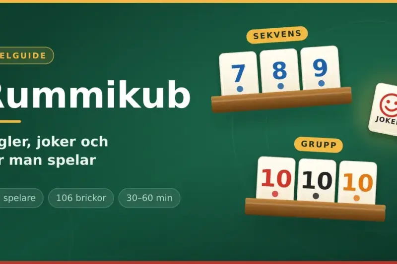 Grafik med texten "Rummikub – regler, joker och hur man spelar" bredvid brickställ med en blå sekvens 7-8-9, en grupp med tre tior i olika färger och en jokerbricka.