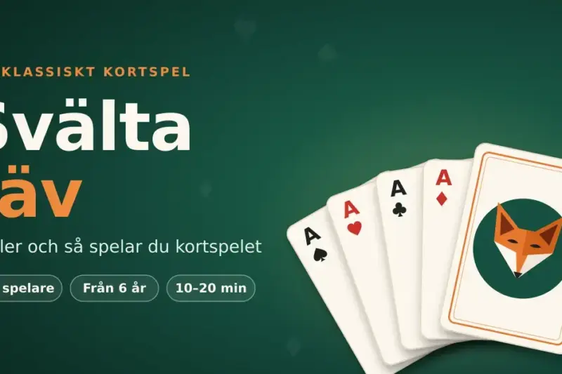 Grafisk illustration till Svälta räv med rubriken och snabbfakta på grön spelbordsbakgrund, bredvid en solfjäder av fyra ess och ett spelkort med ett orange rävhuvud.