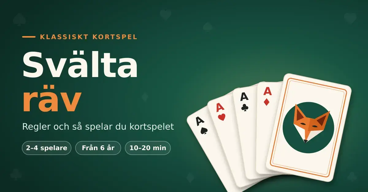 Grafisk illustration till Svälta räv med rubriken och snabbfakta på grön spelbordsbakgrund, bredvid en solfjäder av fyra ess och ett spelkort med ett orange rävhuvud.