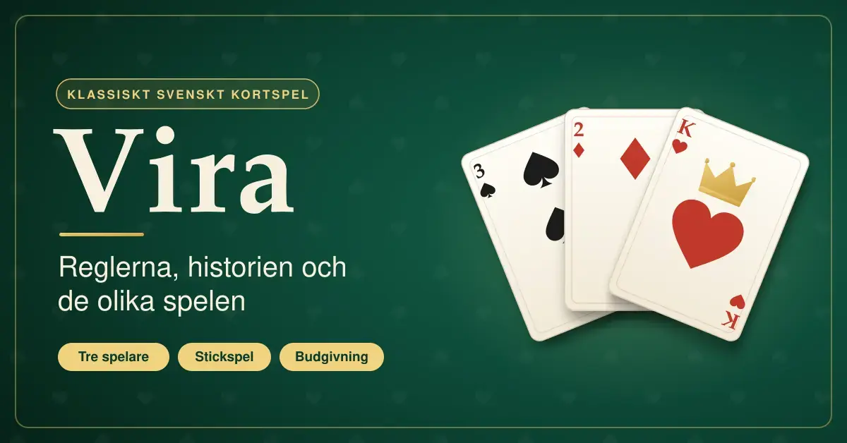 Illustration till en guide om kortspelet Vira, med rubriken ”Vira – reglerna, historien och de olika spelen” och tre solfjäderformade spelkort – spader tre, ruter två och hjärter kung – mot en grön spelbordsfilt.