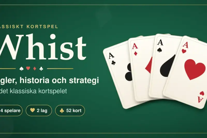 Illustration av en solfjäder med fyra ess i spader, hjärter, ruter och klöver på ett grönt spelbord bredvid rubriken ”Whist – regler, historia och strategi för det klassiska kortspelet”.