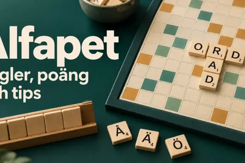 Bokstavsbrickor bildar orden ORD och RAD på en spelplan bredvid rubriken ”Alfapet – Regler, poäng och tips” och lösa brickor med Å, Ä och Ö.