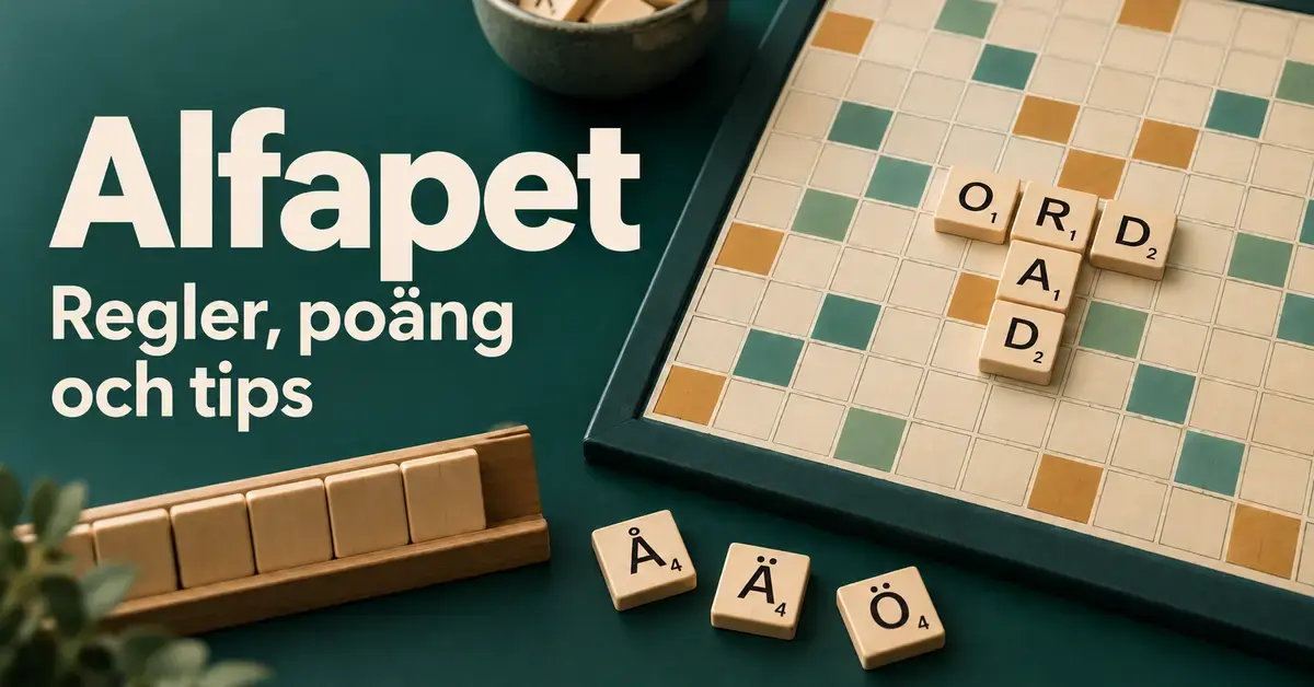 Bokstavsbrickor bildar orden ORD och RAD på en spelplan bredvid rubriken ”Alfapet – Regler, poäng och tips” och lösa brickor med Å, Ä och Ö.