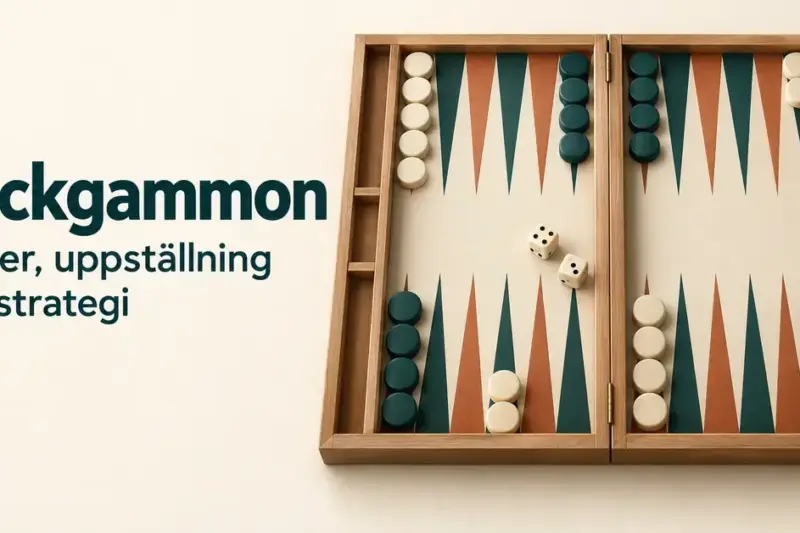 Backgammonbräde med ljusa och mörkgröna brickor samt två tärningar bredvid texten ”Backgammon – Regler, uppställning och strategi”.