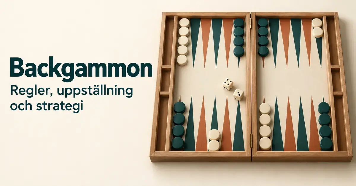 Backgammonbräde med ljusa och mörkgröna brickor samt två tärningar bredvid texten ”Backgammon – Regler, uppställning och strategi”.