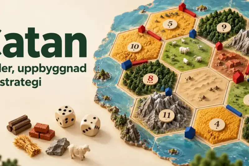 Illustrerat Catan-bräde med resurser, röda och blå bosättningar, vägar och tärningar bredvid texten ”Catan – Regler, uppbyggnad och strategi”.