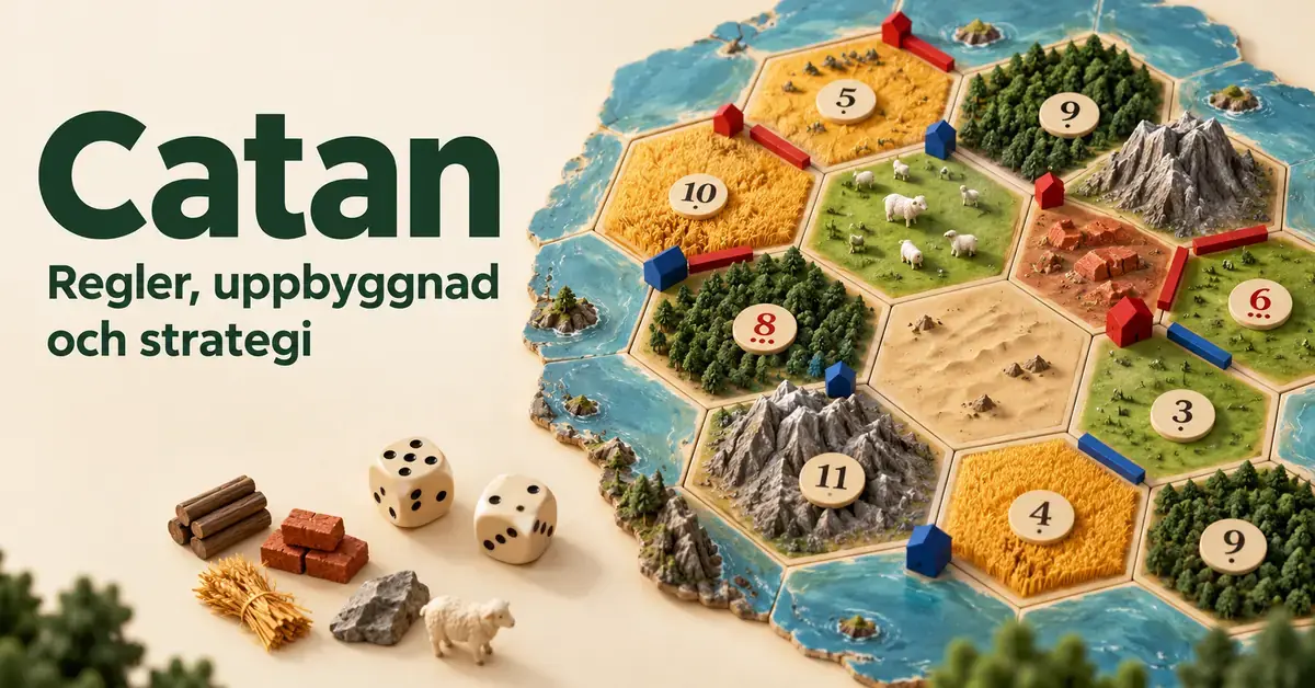Illustrerat Catan-bräde med resurser, röda och blå bosättningar, vägar och tärningar bredvid texten ”Catan – Regler, uppbyggnad och strategi”.