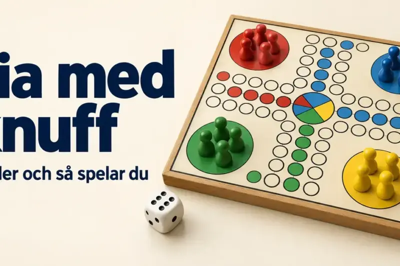Fia med knuff med röda, blå, gula och gröna pjäser på en spelplan, en tärning och texten ”Fia med knuff – Regler och så spelar du”.