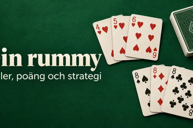 Spelkort i en hjärterstege och tre åttor på ett grönt bord med texten ”Gin rummy – Regler, poäng och strategi”.