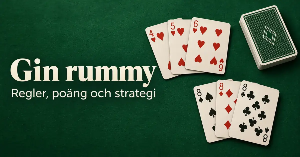 Spelkort i en hjärterstege och tre åttor på ett grönt bord med texten ”Gin rummy – Regler, poäng och strategi”.