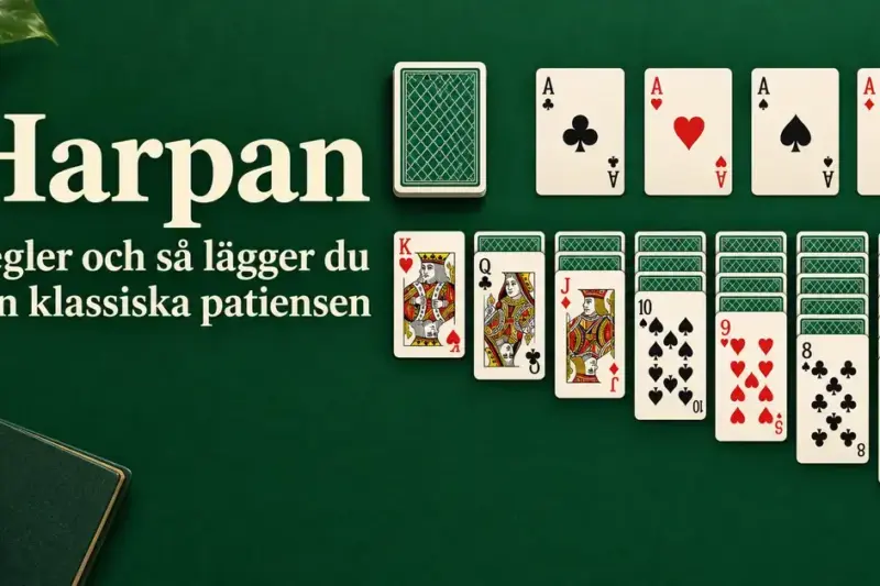 Harpan med sju kortkolumner, fyra ess och en talong på ett grönt bord bredvid rubriken ”Harpan – Regler och så lägger du den klassiska patiensen”.