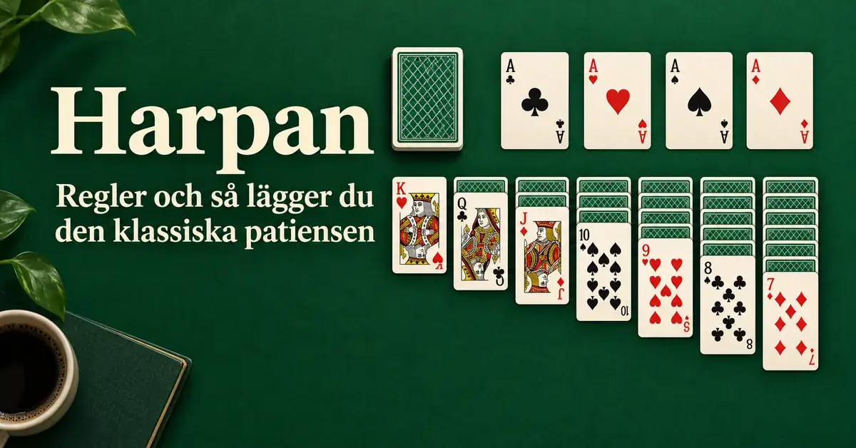 Harpan med sju kortkolumner, fyra ess och en talong på ett grönt bord bredvid rubriken ”Harpan – Regler och så lägger du den klassiska patiensen”.