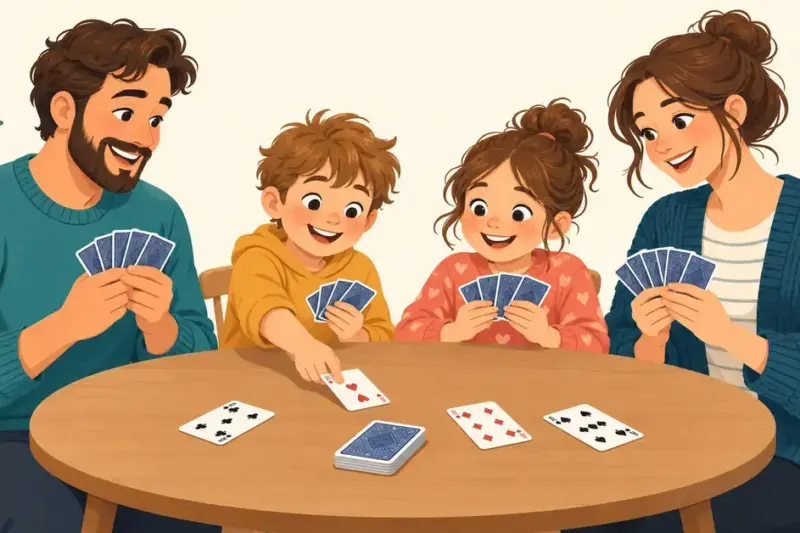 Illustration av två barn och två vuxna som spelar kort tillsammans runt ett bord.