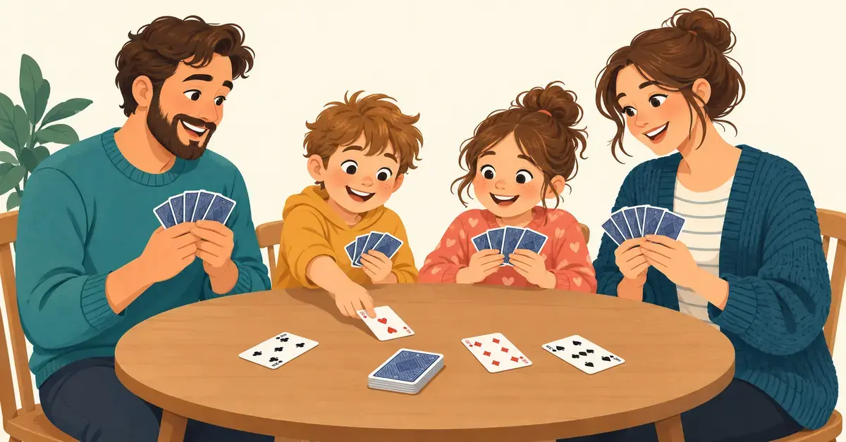 Illustration av två barn och två vuxna som spelar kort tillsammans runt ett bord.