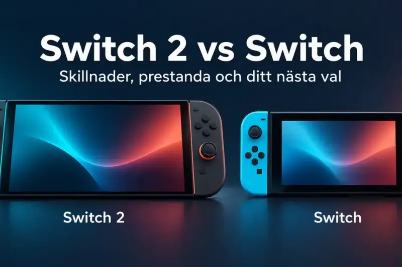 Illustrerad jämförelse av Switch 2 och Switch sida vid sida, med större skärm på Switch 2 och blå och röda handkontroller på originalmodellen.