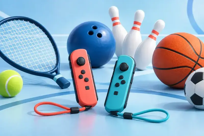 Illustration av två rörelsekontroller med handledsremmar, ett tennisracket, en tennisboll, ett bowlingklot, bowlingkäglor, en basketboll och en fotboll mot ljusblå bakgrund.