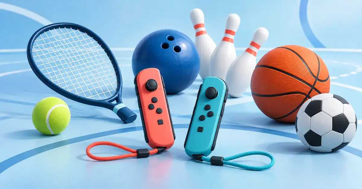 Illustration av två rörelsekontroller med handledsremmar, ett tennisracket, en tennisboll, ett bowlingklot, bowlingkäglor, en basketboll och en fotboll mot ljusblå bakgrund.