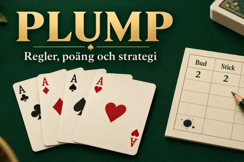 Fyra ess och ett poängprotokoll med bud, stick och en bläckplump på grön bakgrund under rubriken Plump – regler, poäng och strategi.