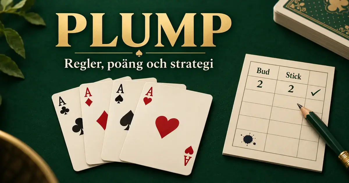 Fyra ess och ett poängprotokoll med bud, stick och en bläckplump på grön bakgrund under rubriken Plump – regler, poäng och strategi.
