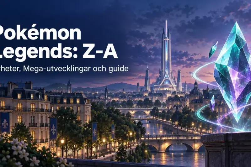 Illustration av en franskinspirerad fantasistad i skymning med en svävande turkos och lila kristall samt texten ”Pokémon Legends: Z-A – Nyheter, Mega-utvecklingar och guide”.