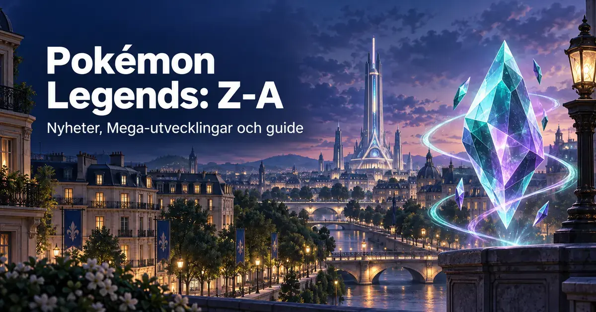Illustration av en franskinspirerad fantasistad i skymning med en svävande turkos och lila kristall samt texten ”Pokémon Legends: Z-A – Nyheter, Mega-utvecklingar och guide”.