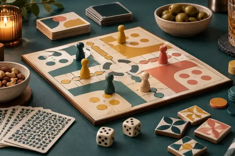 Sällskapsspel med färgglada spelpjäser, tärningar, kort och spelmarker på ett bord med tända ljus och tilltugg inför spelkvällen.