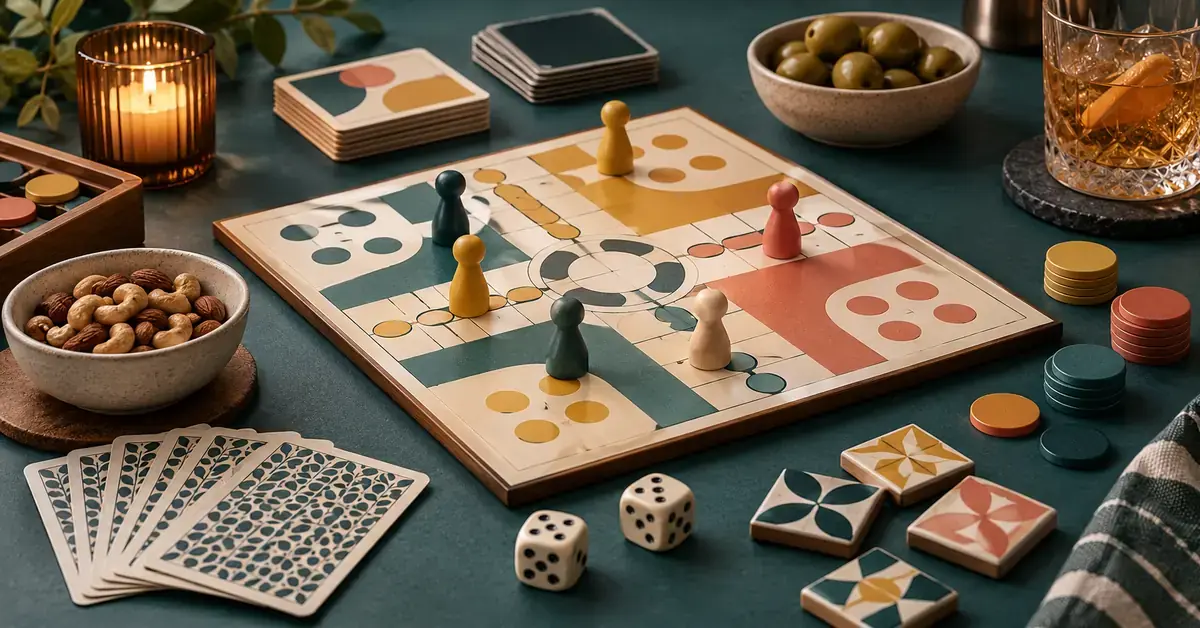 Sällskapsspel med färgglada spelpjäser, tärningar, kort och spelmarker på ett bord med tända ljus och tilltugg inför spelkvällen.
