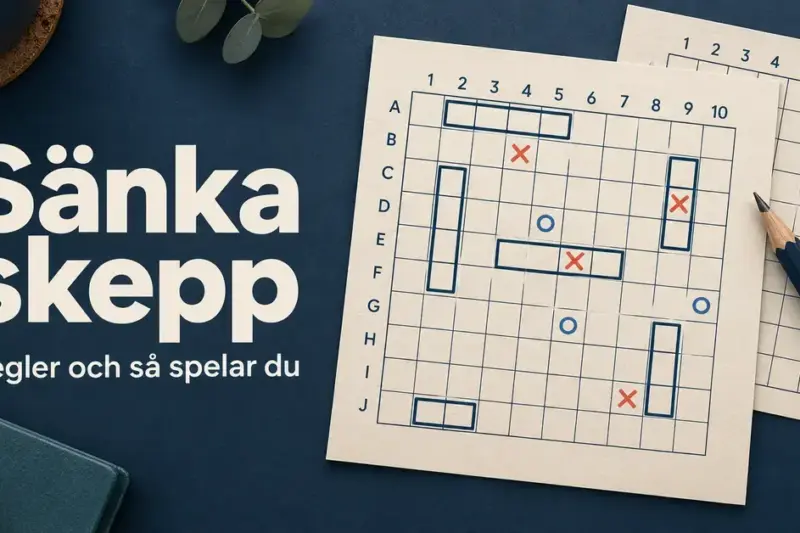 Illustration av Sänka skepp med två rutade spelplaner, inritade skepp, kryss och cirklar samt en penna på ett mörkblått bord.