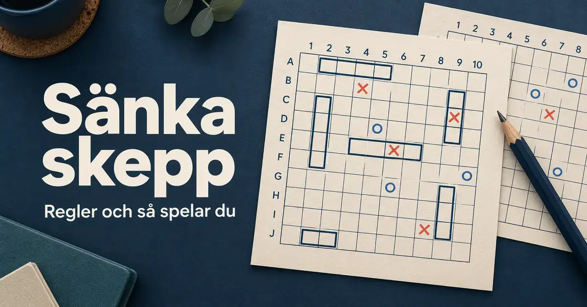 Illustration av Sänka skepp med två rutade spelplaner, inritade skepp, kryss och cirklar samt en penna på ett mörkblått bord.
