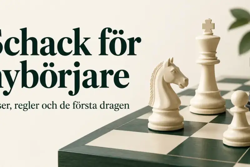 En vit springare, kung och bonde samt ett svart torn på ett schackbräde intill texten ”Schack för nybörjare – Pjäser, regler och de första dragen”.