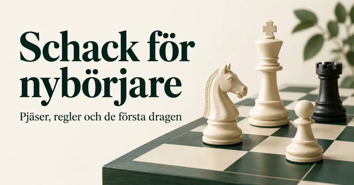 En vit springare, kung och bonde samt ett svart torn på ett schackbräde intill texten ”Schack för nybörjare – Pjäser, regler och de första dragen”.