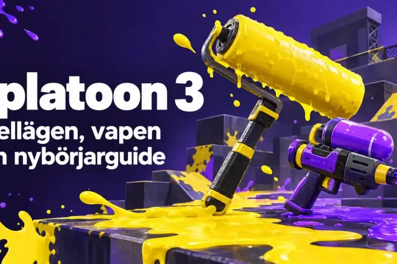 Illustration till en guide om Splatoon 3 med en gul färgroller, en lila färgspruta och färgstänk på en abstrakt spelarena.