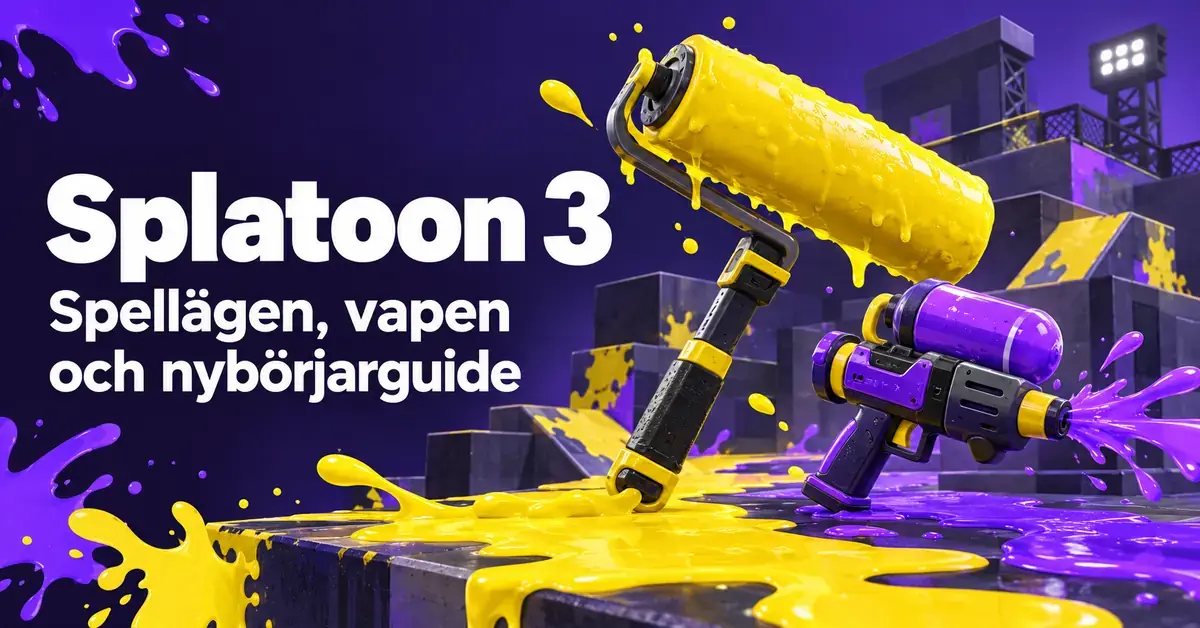 Illustration till en guide om Splatoon 3 med en gul färgroller, en lila färgspruta och färgstänk på en abstrakt spelarena.