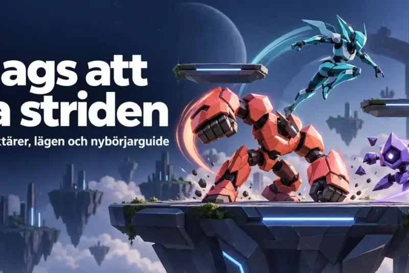 Tre färgstarka robotfigurer strider på svävande plattformar bredvid texten ”Dags att ta striden – Karaktärer, lägen och nybörjarguide”.
