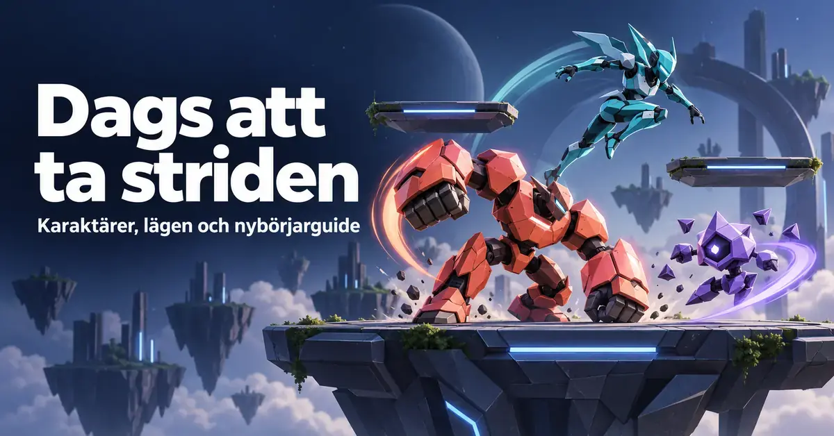 Tre färgstarka robotfigurer strider på svävande plattformar bredvid texten ”Dags att ta striden – Karaktärer, lägen och nybörjarguide”.