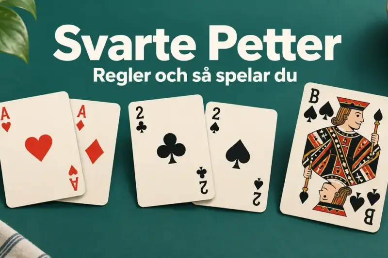 Två par spelkort och spader knekt på en grön bakgrund med texten ”Svarte Petter – Regler och så spelar du”.