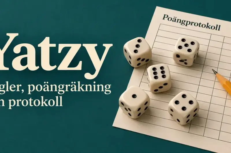 Fem tärningar och en gul penna på ett poängprotokoll mot mörkgrön bakgrund, med texten ”Yatzy – Regler, poängräkning och protokoll”.